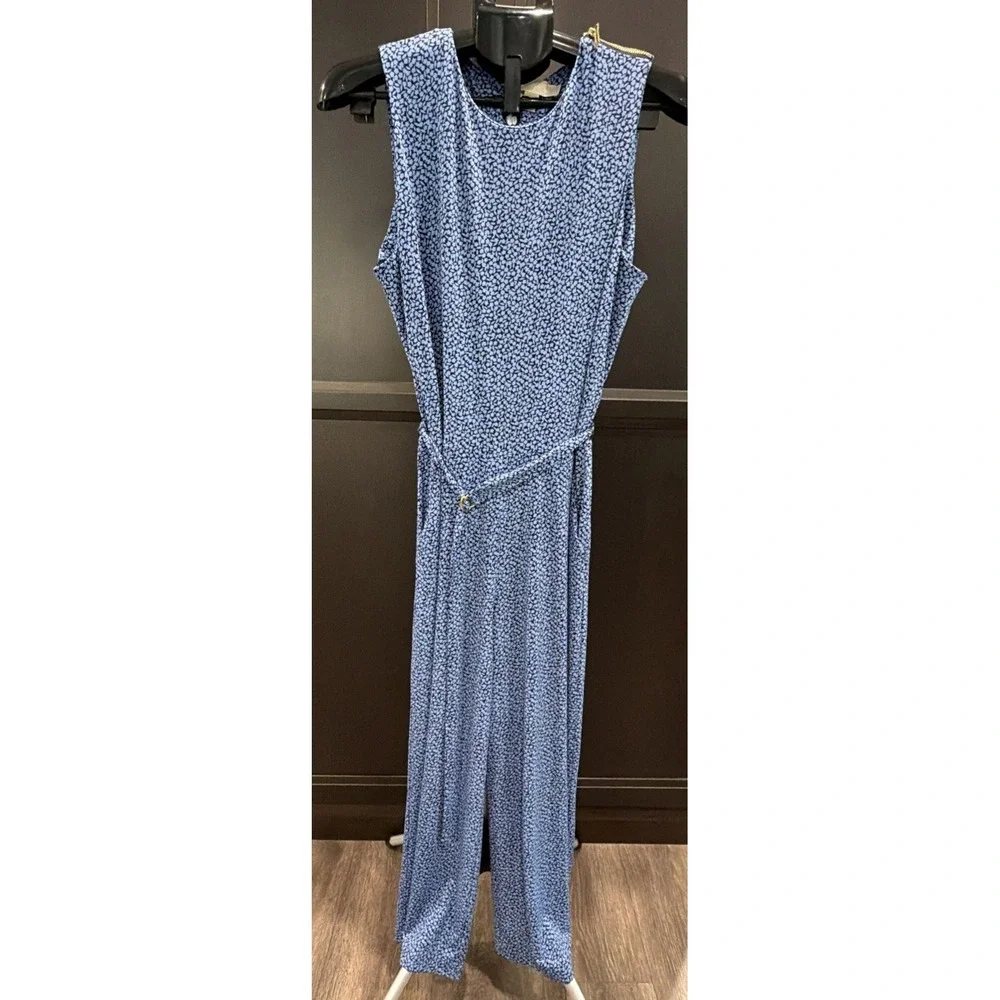 Michael Kors Blue Ditzy Floral Print Wide Leg Sleeveless Jumpsuit Sz L #49M